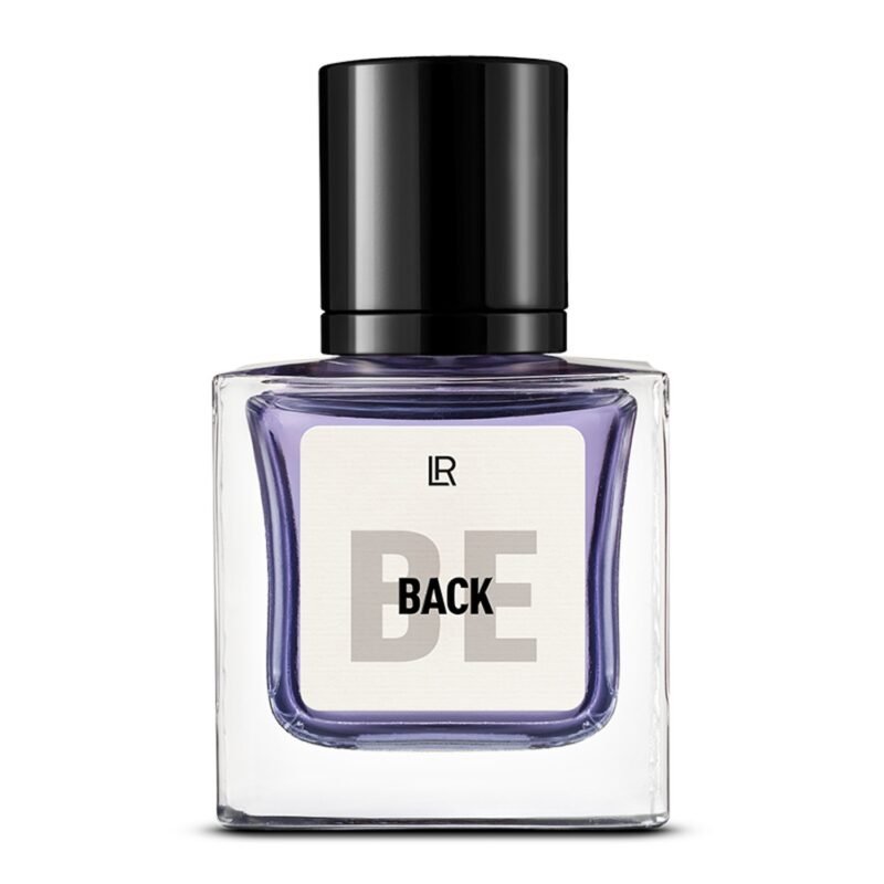 Bouteille du parfum LR BE BACK, un parfum boisé-ambré pour homme, qui évoque la confiance et le retour. Disponible sur produit-lr.fr.