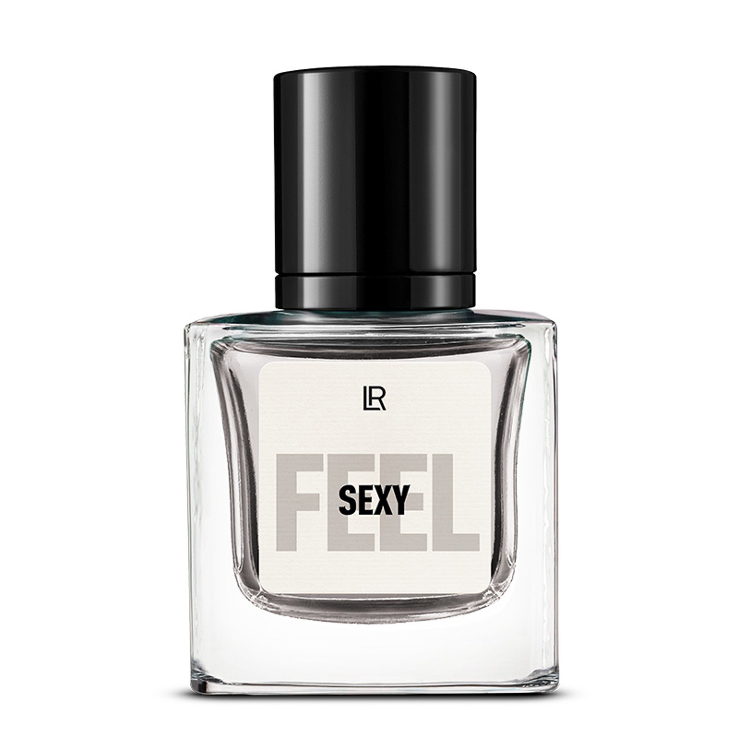 Bouteille du parfum LR FEEL SEXY, un parfum épicé-boisé pour homme, qui évoque la passion et le charisme. Disponible sur produit-lr.fr.