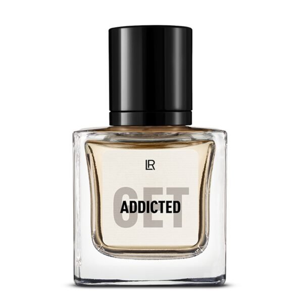 Bouteille du parfum LR GET ADDICTED, un parfum épicé-cuiré pour homme, qui évoque l'intensité et la virilité. Disponible sur produit-lr.fr