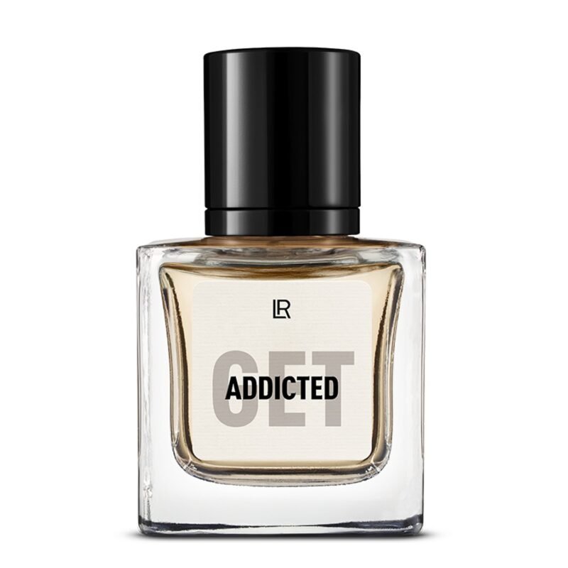 Bouteille du parfum LR GET ADDICTED, un parfum épicé-cuiré pour homme, qui évoque l'intensité et la virilité. Disponible sur produit-lr.fr