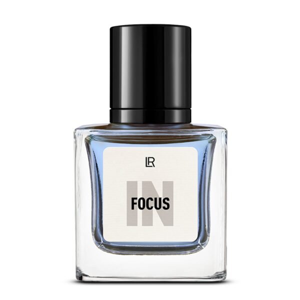 Bouteille du parfum LR IN FOCUS, un parfum fougère aromatique pour homme, inspirant la concentration et la clarté. Disponible sur produit-lr.fr.