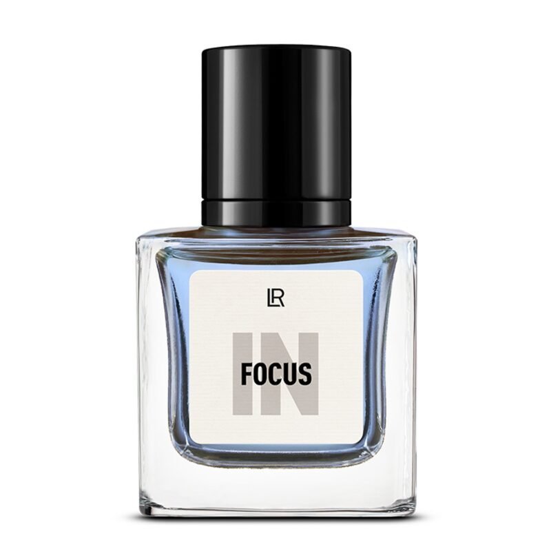 Bouteille du parfum LR IN FOCUS, un parfum fougère aromatique pour homme, inspirant la concentration et la clarté. Disponible sur produit-lr.fr.