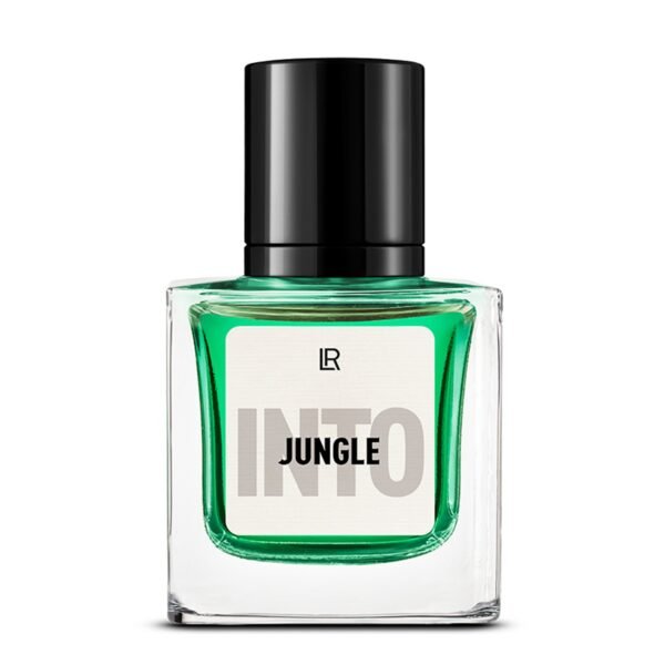 Bouteille du parfum LR INTO JUNGLE, un parfum classique-intense-oriental pour homme, qui évoque la force et l'aventure. Disponible sur produit-lr.fr