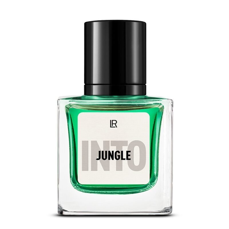Bouteille du parfum LR INTO JUNGLE, un parfum classique-intense-oriental pour homme, qui évoque la force et l'aventure. Disponible sur produit-lr.fr