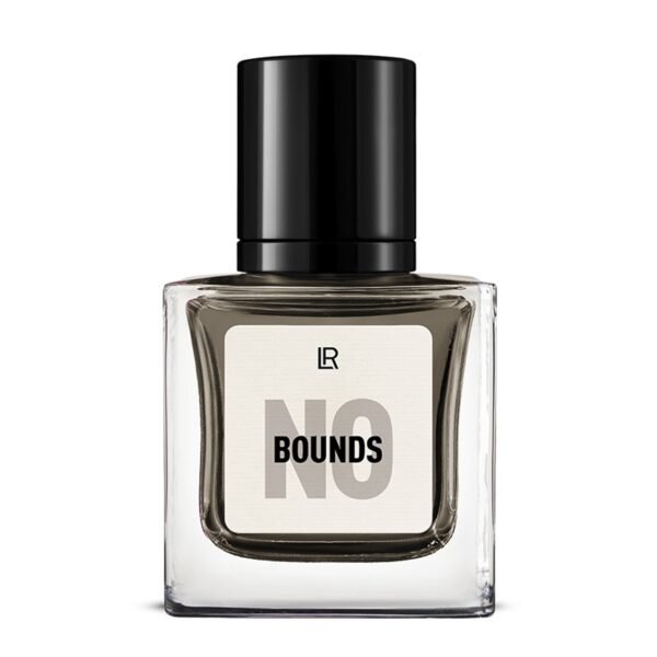 Bouteille du parfum LR NO BOUNDS, un parfum boisé-citrus pour homme, qui évoque la liberté et l'évasion. Disponible sur produit-lr.fr.