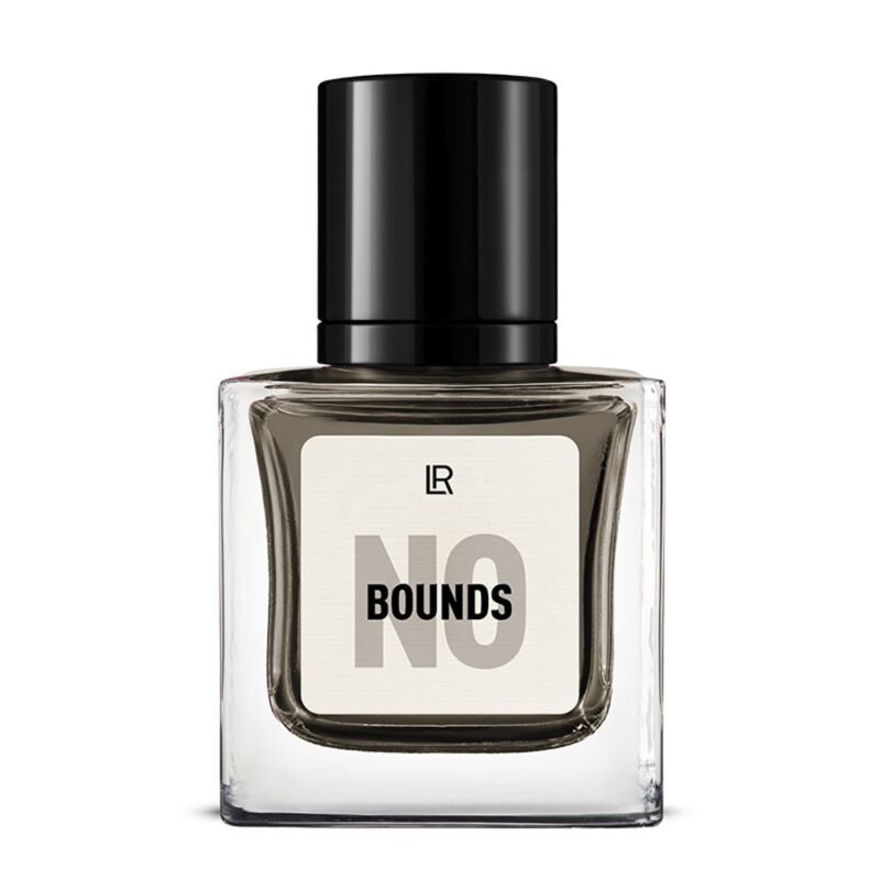 Bouteille du parfum LR NO BOUNDS, un parfum boisé-citrus pour homme, qui évoque la liberté et l'évasion. Disponible sur produit-lr.fr.