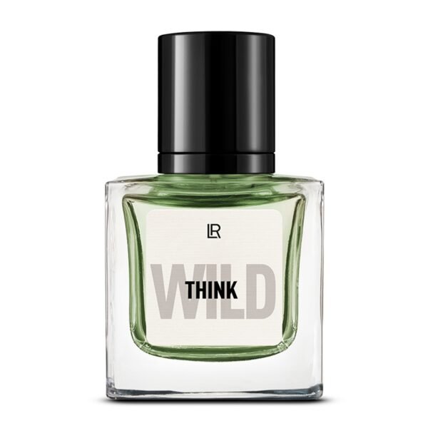 Bouteille du parfum LR THINK WILD, un parfum fruité-boisé pour homme, qui évoque l'aventure et la détermination. Disponible sur produit-lr.fr