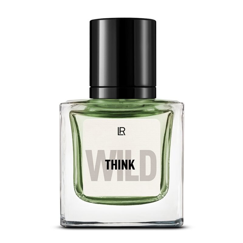 Bouteille du parfum LR THINK WILD, un parfum fruité-boisé pour homme, qui évoque l'aventure et la détermination. Disponible sur produit-lr.fr