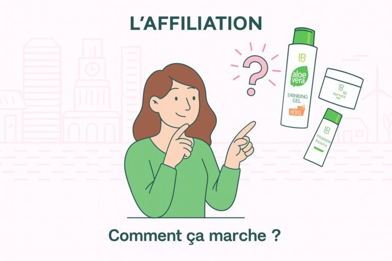 Illustration affiliation produit-lr.fr – femme expliquant comment fonctionne le système avec les produits LR
