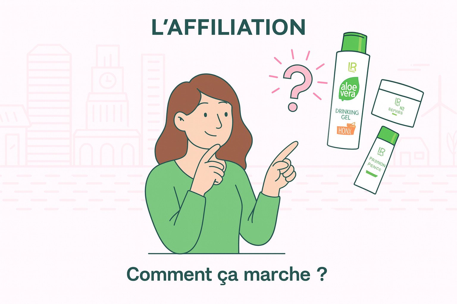Illustration affiliation produit-lr.fr – femme expliquant comment fonctionne le système avec les produits LR