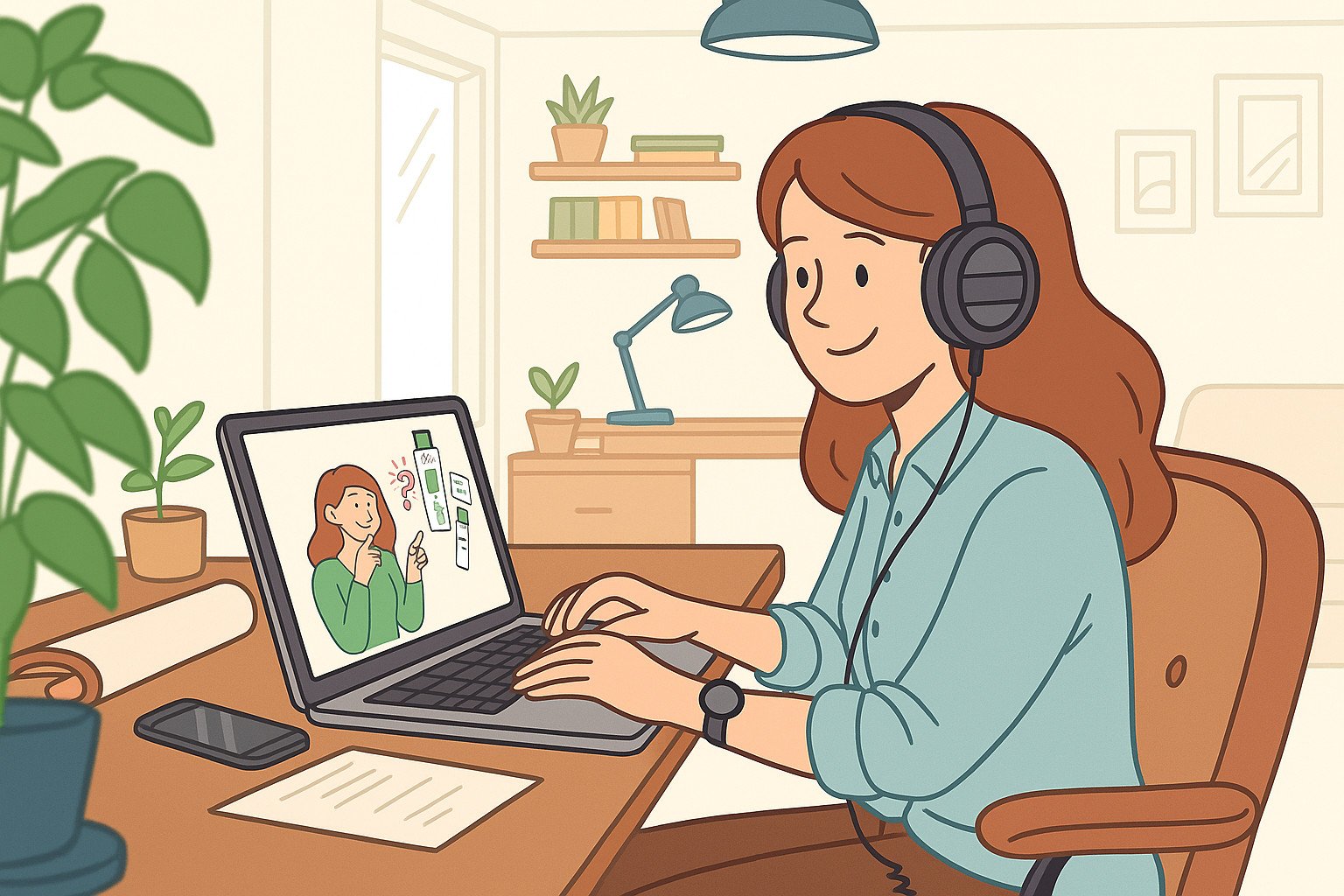 Femme travaillant en ligne depuis chez elle avec casque audio et ordinateur – illustration affiliation produit-lr.fr