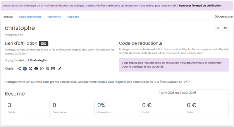 Tableau de bord affilié produit-lr.fr – lien d’affiliation, code promo et résumé des ventes
