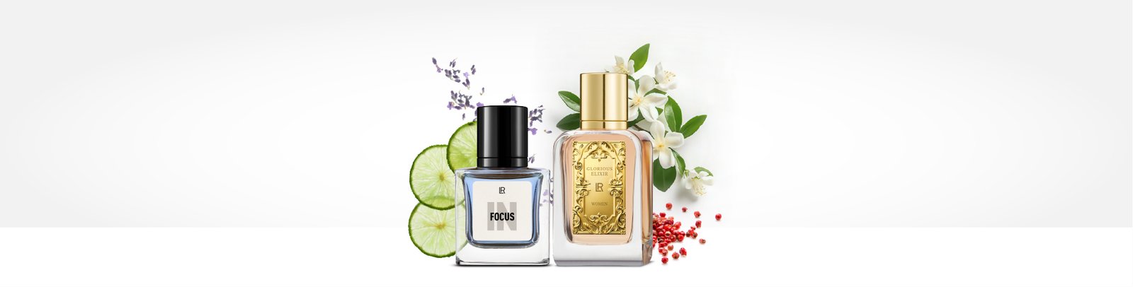 Deux parfums LR : LR Mood Infusion "In Focus" à gauche et LR Iconic Elixirs "Glorious Elixir Women" à droite, entourés d'ingrédients frais et floraux.