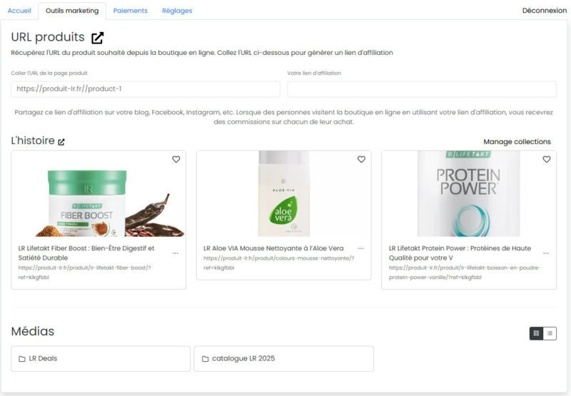Tableau marketing du programme d’affiliation produit-lr.fr – création de liens personnalisés et suivi