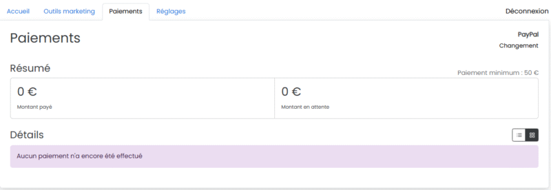 Onglet Paiements du tableau affiliés produit-lr.fr – suivi des commissions et modes de règlement
