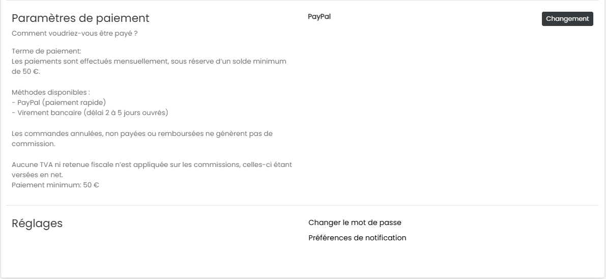 Réglages avancés du tableau affiliés produit-lr.fr – gestion du code de parrainage et préférences de paiement
