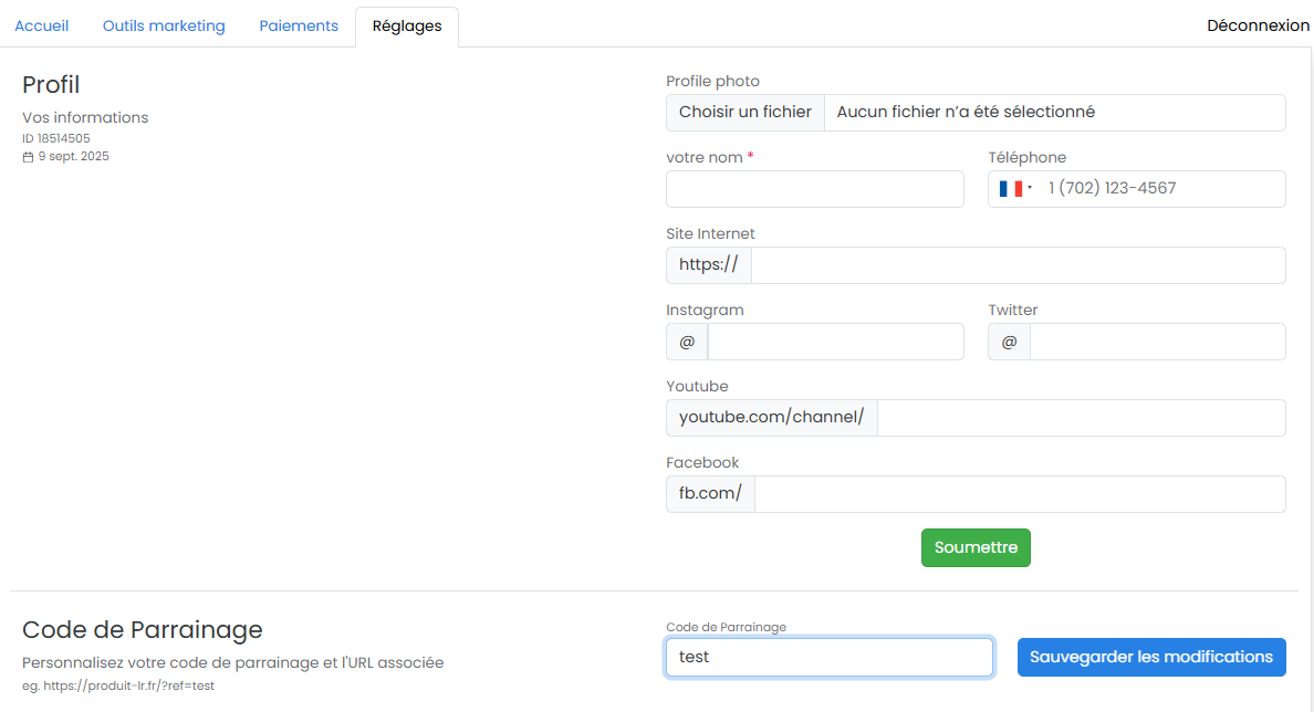 Onglet Réglages du tableau affiliés produit-lr.fr – gestion du profil, des réseaux sociaux et du code de parrainage