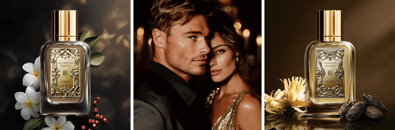 Teaser de la nouvelle gamme de parfums LR ICONIC ELIXIRS, présentant des flacons de parfum et un couple.