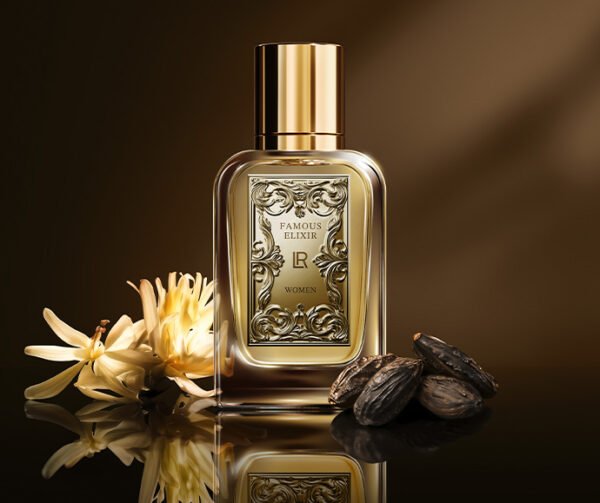 Flacon du parfum LR Famous Elixir pour femme, avec des fleurs blanches et des fèves tonka.