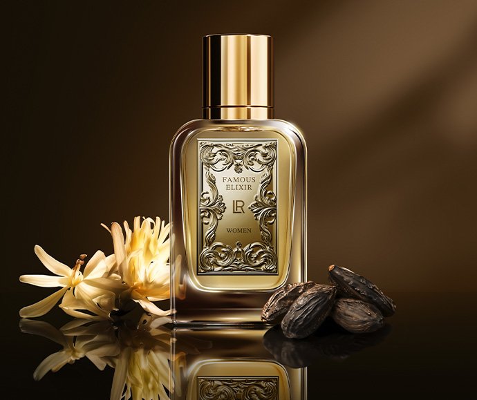 Flacon du parfum LR Famous Elixir pour femme, avec des fleurs blanches et des fèves tonka.