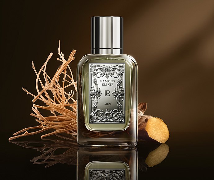 Bouteille du parfum LR Famous Elixir pour homme, avec des notes de vétiver et d'ambre. Disponible sur produit-lr.fr