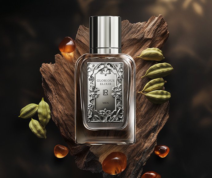 Flacon du parfum LR Glorious Elixir pour homme, posé sur un morceau de bois avec des ambre et des gousses de cardamome.