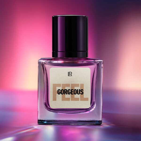 Bouteille du parfum LR FEEL GORGEOUS, un parfum fruité pour femme, symbole d'amour de soi et de bien-être. Disponible sur produit-lr.fr