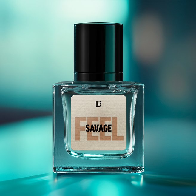Bouteille du parfum LR FEEL SAVAGE, un parfum frais, floral et énergique pour femme, évoquant l'audace et la liberté.