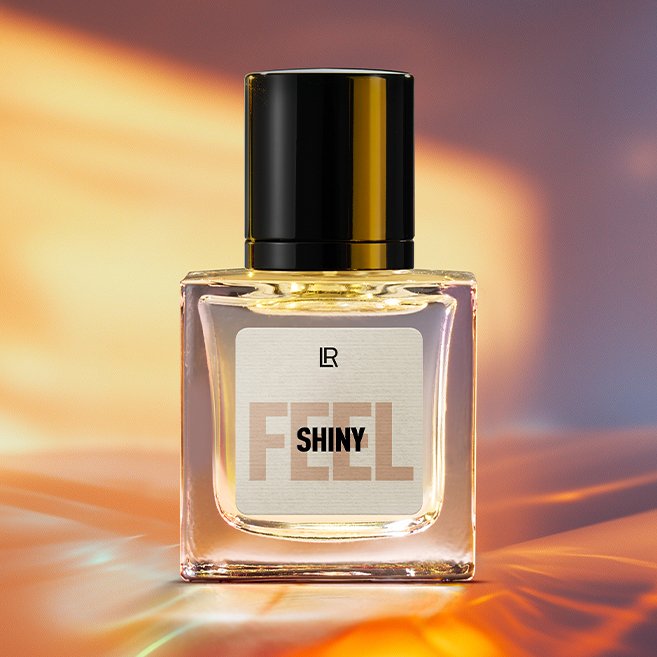 Bouteille du parfum LR FEEL SHINY, un parfum floral musqué pour femme, évoquant l'élégance et la confiance. Disponible sur produit-lr.fr