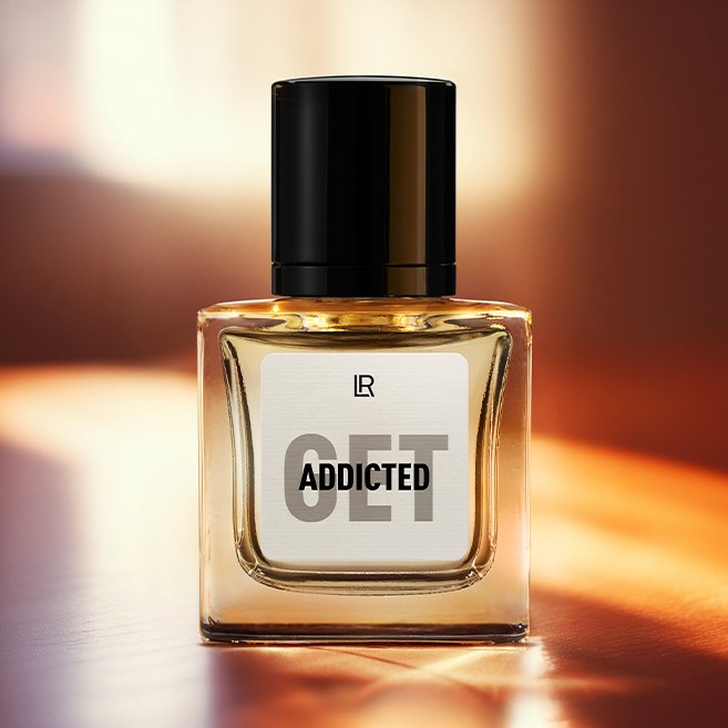 Bouteille du parfum LR GET ADDICTED, un parfum épicé-cuiré pour homme, qui évoque l'intensité et la virilité. Disponible sur produit-lr.fr