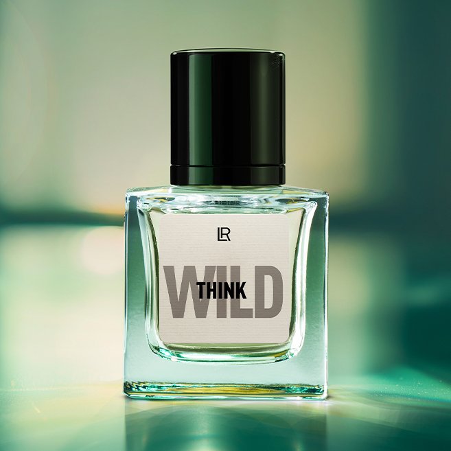 Bouteille du parfum LR THINK WILD, un parfum fruité-boisé pour homme, qui évoque l'aventure et la détermination. Disponible sur produit-lr.fr