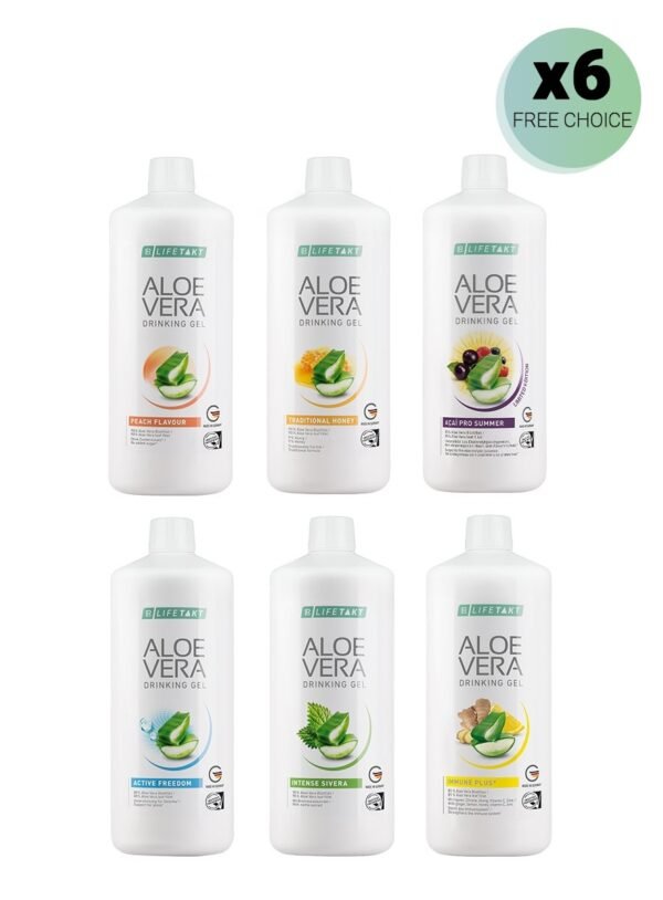 Pack de 6 bouteilles Aloe Vera Gel LR Health & Beauty - Immune Plus, Pêche, Açaï Pro Summer, Miel Traditionnel, Intense Sivera, Active Freedom