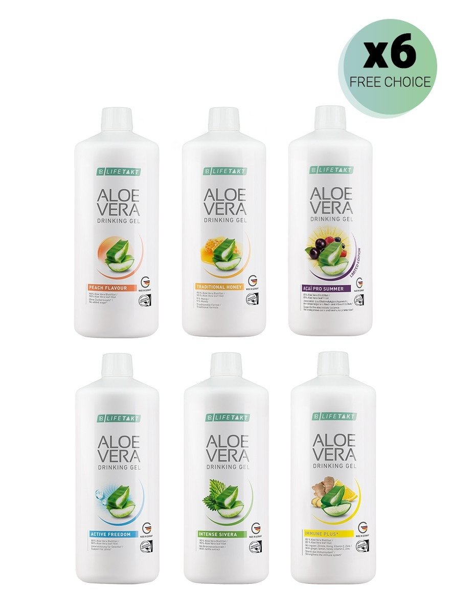 Pack de 6 bouteilles Aloe Vera Gel LR Health & Beauty - Immune Plus, Pêche, Açaï Pro Summer, Miel Traditionnel, Intense Sivera, Active Freedom