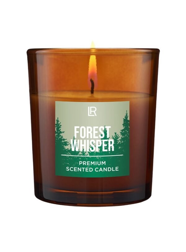 Bougie parfumée LR Premium Forest Whisper édition limitée verre ambré avec flamme allumée parfum pin épices herbes vanille 25 heures