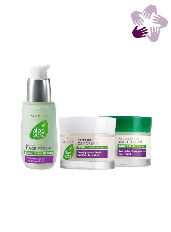 Set complet soins visage aloe vera composé du sérum hydratant 24h, crème jour extra-riche et crème nuit régénérante pour peaux sèches hivernales avec 50% aloe vera pur et huile d'argan précieuse