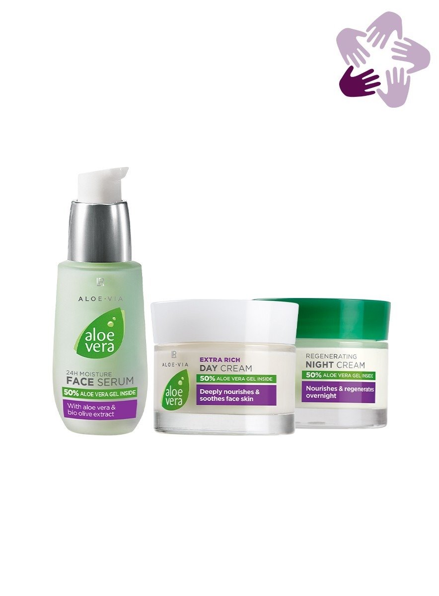 Set complet soins visage aloe vera composé du sérum hydratant 24h, crème jour extra-riche et crème nuit régénérante pour peaux sèches hivernales avec 50% aloe vera pur et huile d'argan précieuse