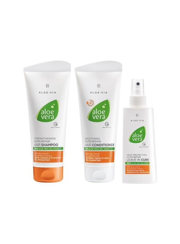 Set complet LR soins capillaires aloe vera nutri-repair avec shampooing, après-shampooing et cure sans rinçage pour cheveux brillants soyeux renforcés marque LR