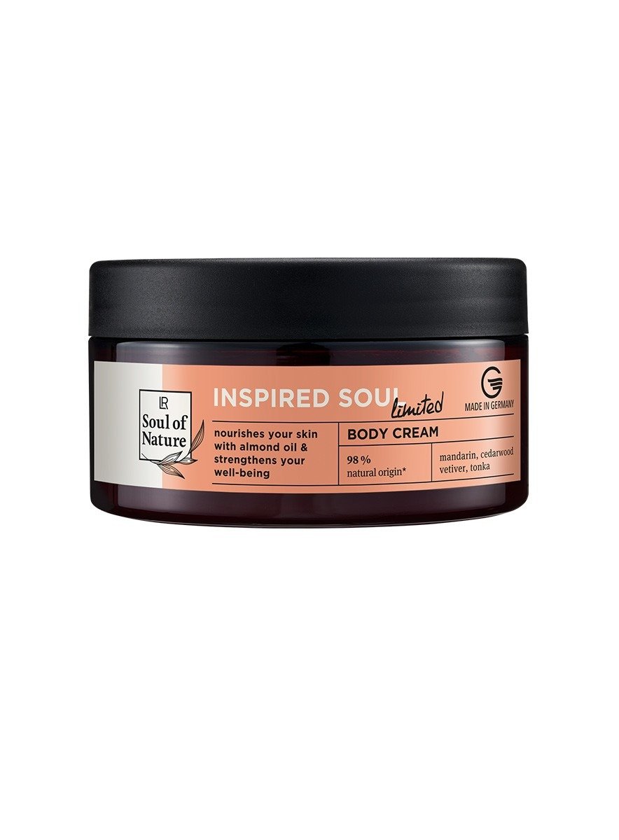 Crème pour le corps Inspired Soul LR Soul of Nature 200ml pot nourishment riche huiles essentielles mandarine cèdre vétiver tonka huile amande