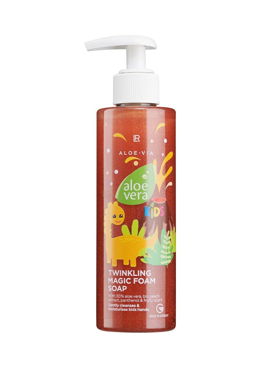 Flacon du savon moussant scintillant pour enfants LR Aloe Vera Kids, avec sa mascotte l'ours polaire Lilo.
