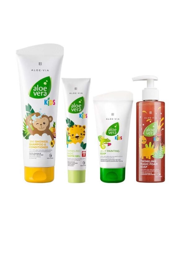 Set complet Aloe Vera Kids LR pour enfants avec savon, mousse, gel douche 3en1 et dentifrice scintillant, aloe vera panthénol pêche bio, magie paillettes ludique
