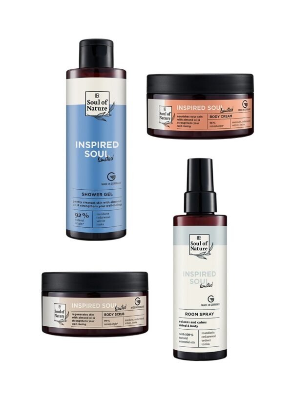 Set Inspired Soul LR Soul of Nature coffret complet avec gommage gel douche crème spray mandarine cèdre vétiver tonka 98% naturel
