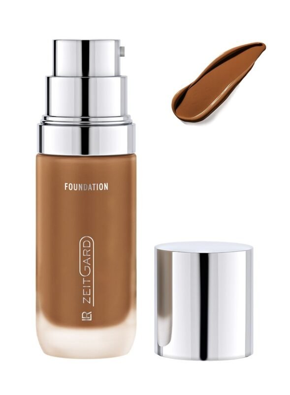 Fond de teint LR ZEITGARD Signature Matte Foundation N°5 Tanned flacon et texture - Fini mat soyeux.