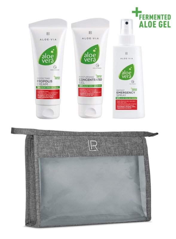 Set 3 soins aloe vera LR Health & Beauty gel 90% crème propolis spray 12 plantes Power Duo fermenté coffret trousse