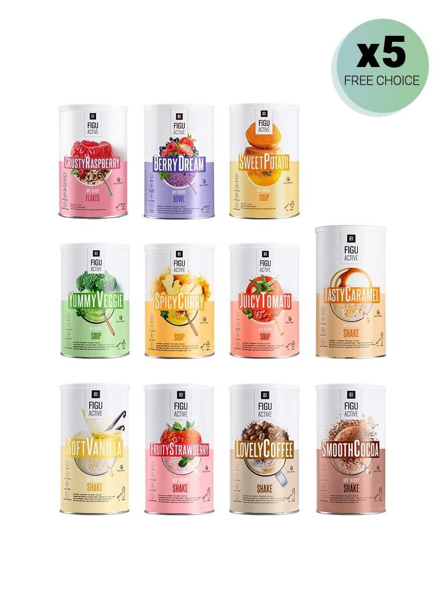 Set de 5 produits FIGUACTIVE à libre choix : shakes, soupes et flakes protéinés avec 15 saveurs variées