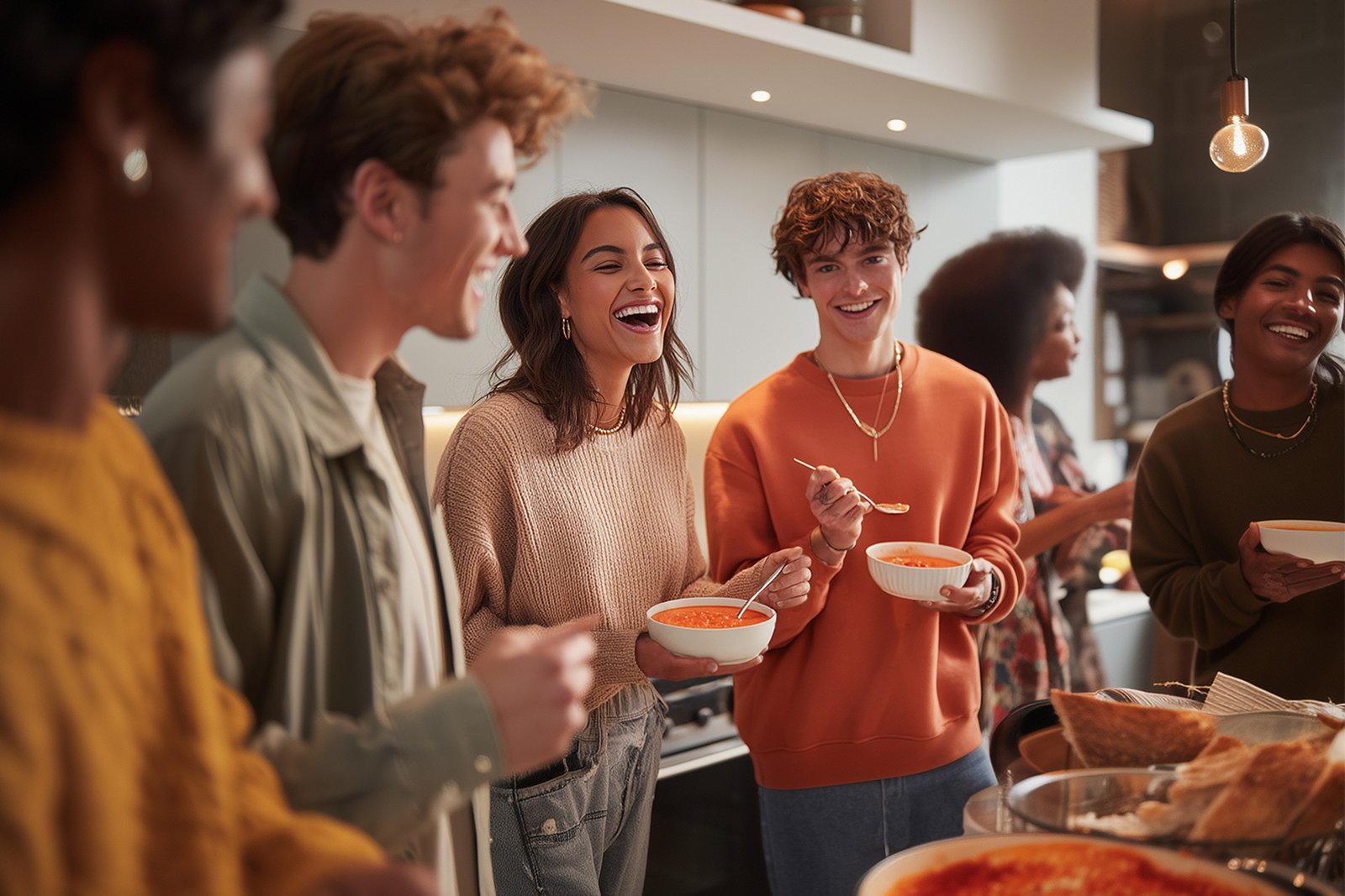Friends sharing soup bowls from the LR BODY MISSION range by LR Health & Beauty