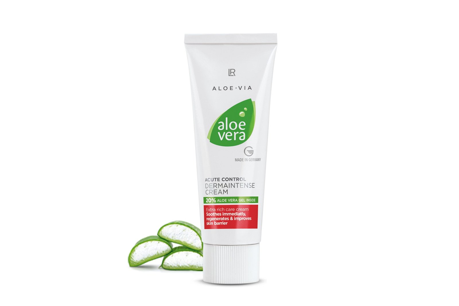 Tube de crème Aloe Vera DermaIntense orné de feuilles d'aloès vertes, représentant un soin dermatologique apaisant breveté.