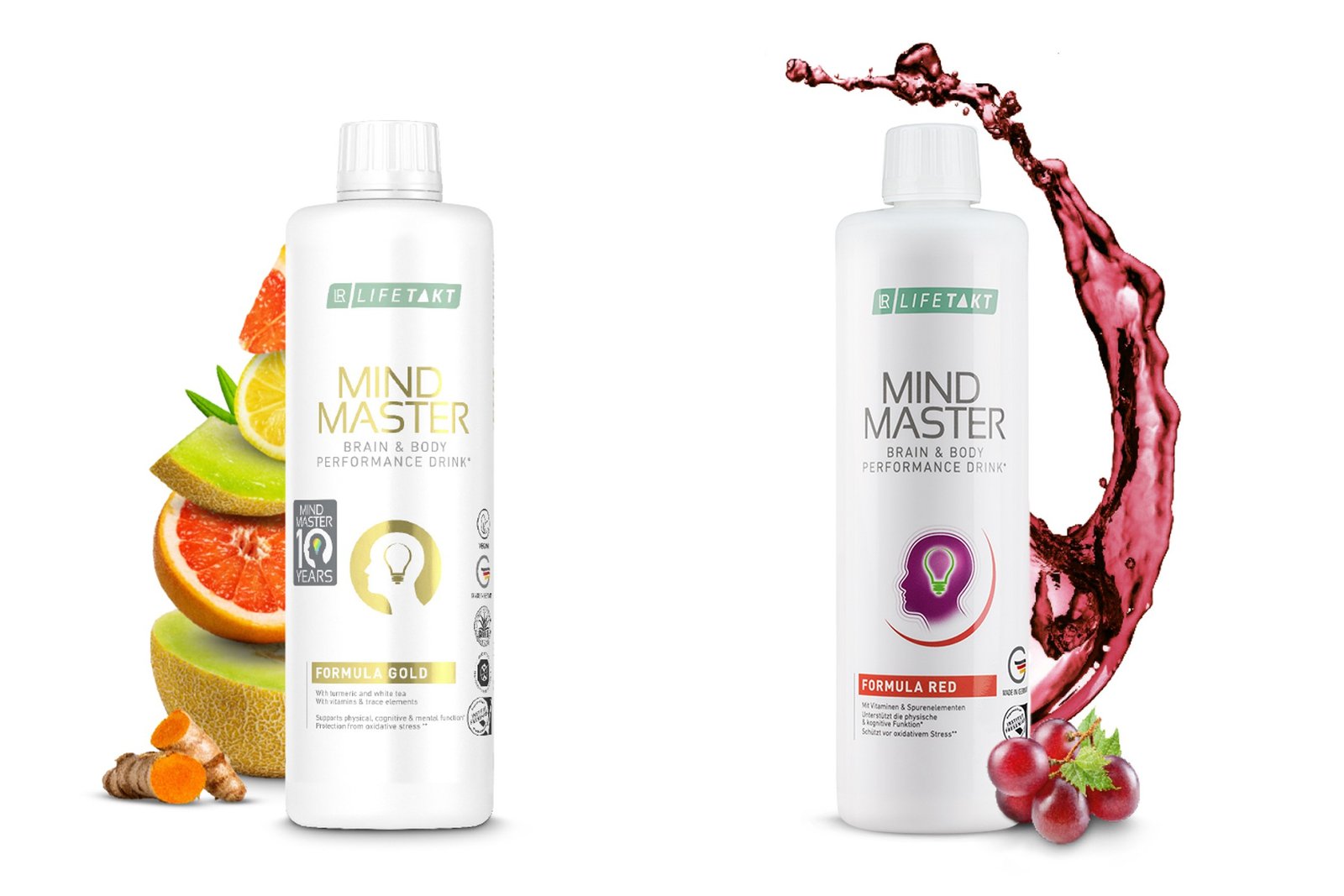Deux flacons de Mind Master Formula, dans des versions dorée et rouge, ornés de motifs végétaux et fruités symbolisant les formules brevetées antioxydantes et optimisant les performances.