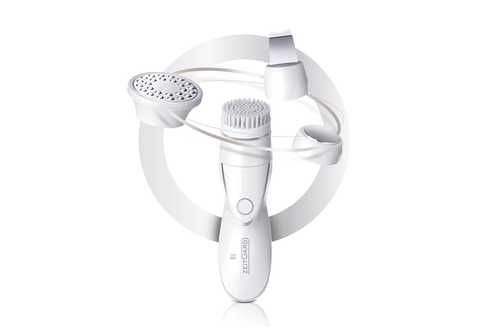 Appareil cosmétique Zeitgard Pro blanc, doté d'embouts interchangeables, conçu pour une technologie brevetée de soins de la peau et des traitements professionnels à domicile.