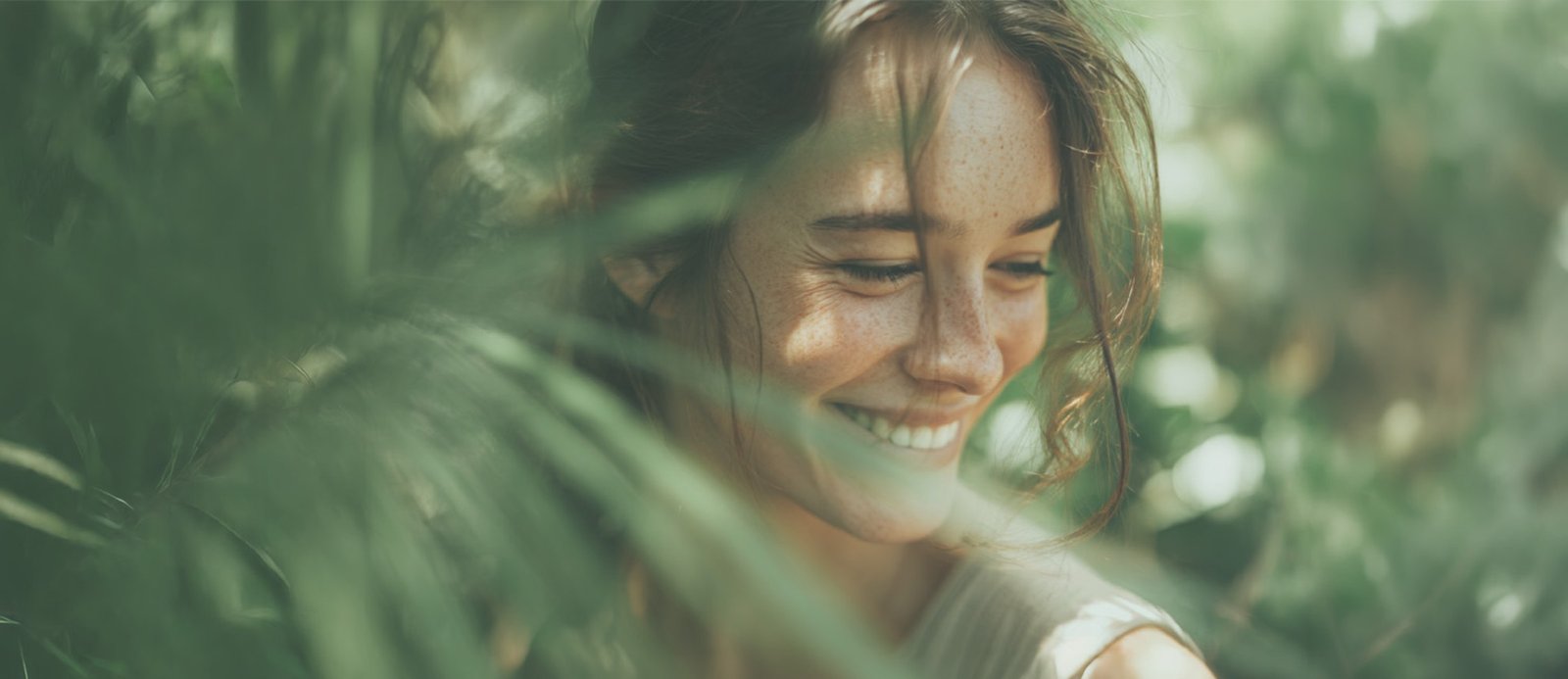 Une jeune femme souriante aux taches de rousseur, partiellement entourée de feuilles vertes, baignée dans la douce lumière du jour. Un gros plan à l'atmosphère naturelle et sereine, avec un arrière-plan flou.