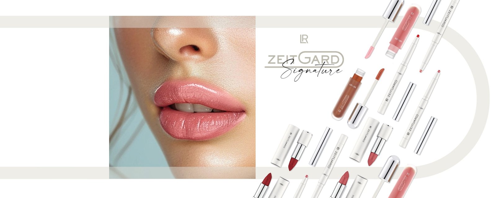 Gros plan sur des lèvres avec produits de la gamme LR ZEITGARD Signature de LR Health & Beauty